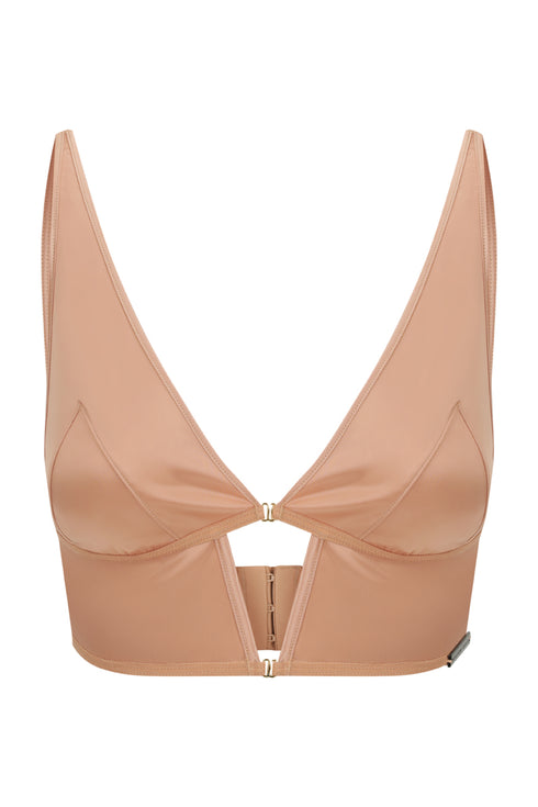 QUINN Coffee Satin Long Line Bralette