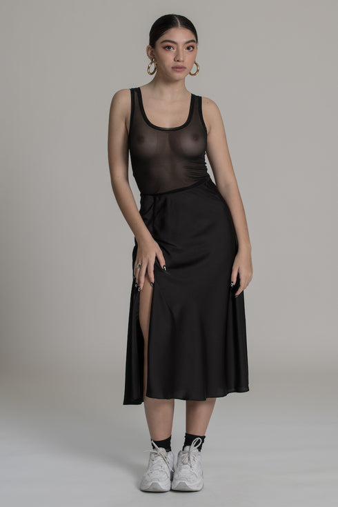 VINNY Satin Midi Skirt with High Split