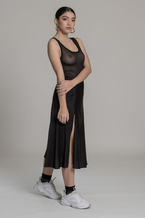 VINNY Satin Midi Skirt with High Split