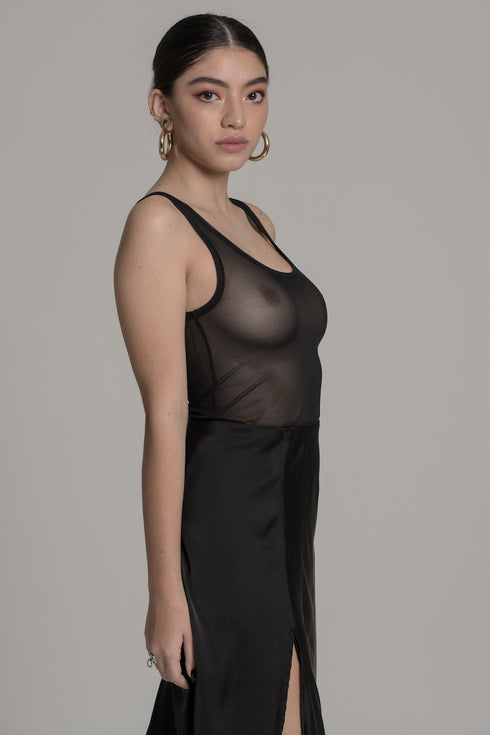 VINNY Satin Midi Skirt with High Split