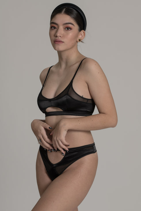 MAE Black Half Moon Cut-Out Bra - Satin Top