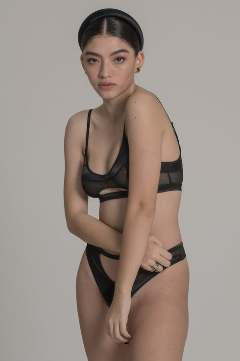 MAE Black Half Moon Cut-Out Bra - Satin Top
